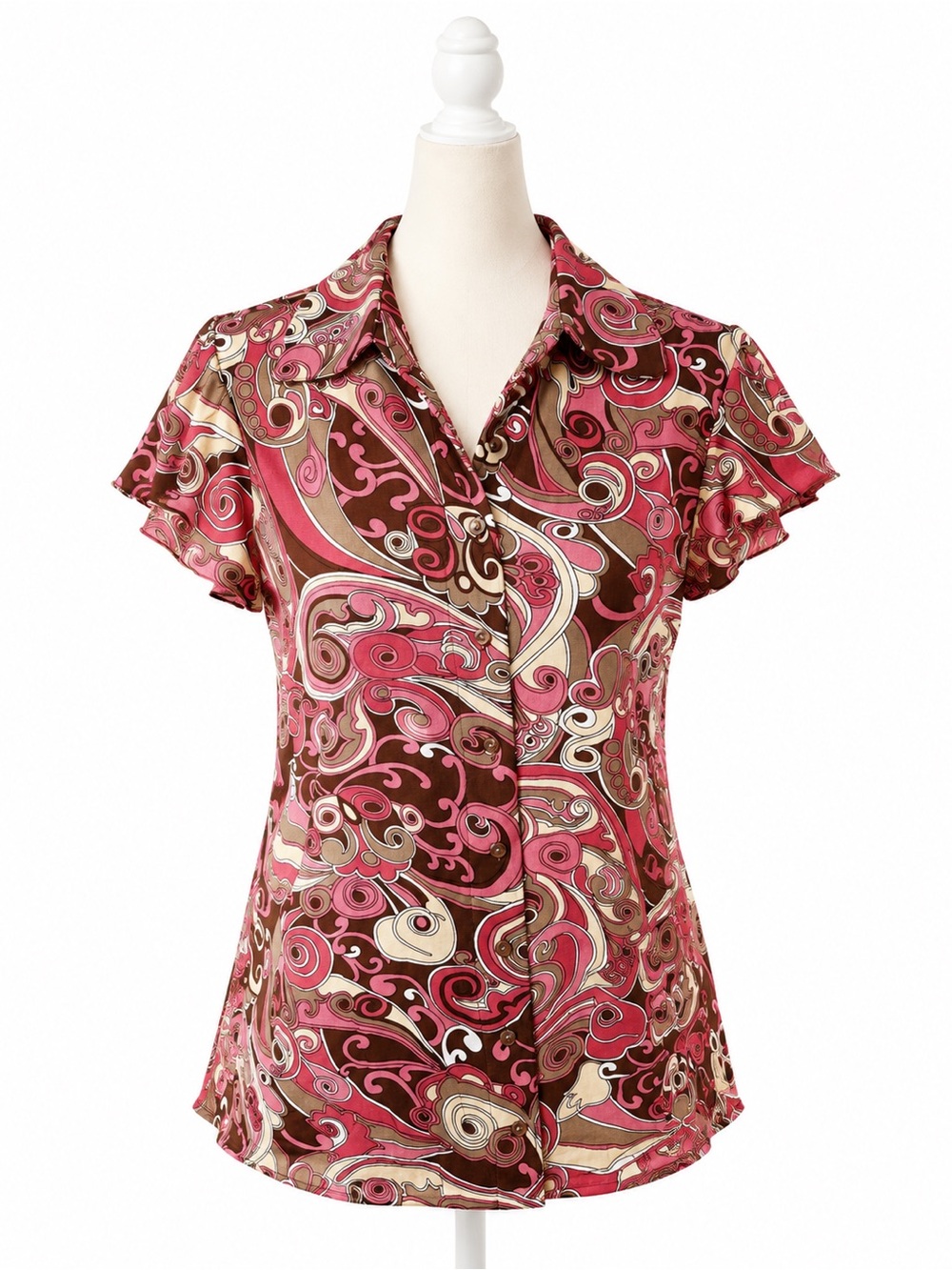 NWT INC Concepts Petite L Pink Brown Paisley Swirl Button Front Y2K Blouse